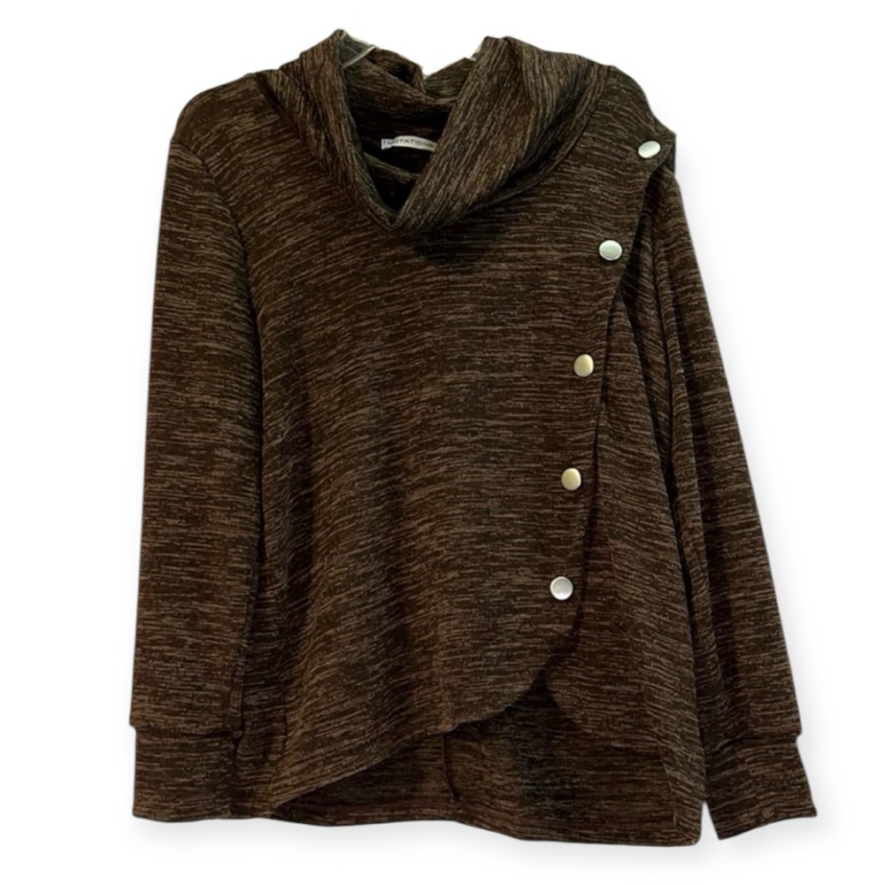 Notations Women’s Brown Long Sleeve Asymmetrical Top Silver button Accents - M